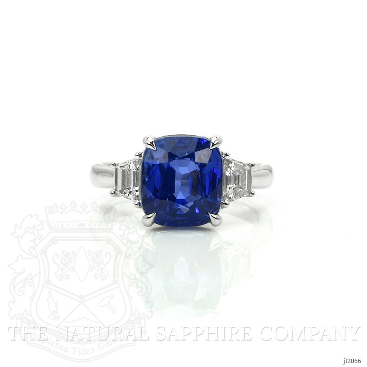 6.01 Ct. Blue Sapphire and Natural Diamond Three Stone Ring, 18K White Gold
