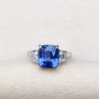 6.01 Ct. Blue Sapphire and Natural Diamond Three Stone Ring, 18K White Gold Life Style