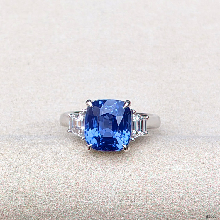 6.01 Ct. Blue Sapphire and Natural Diamond Three Stone Ring, 18K White Gold