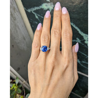 6.01 Ct. Blue Sapphire and Natural Diamond Three Stone Ring, 18K White Gold Life Style