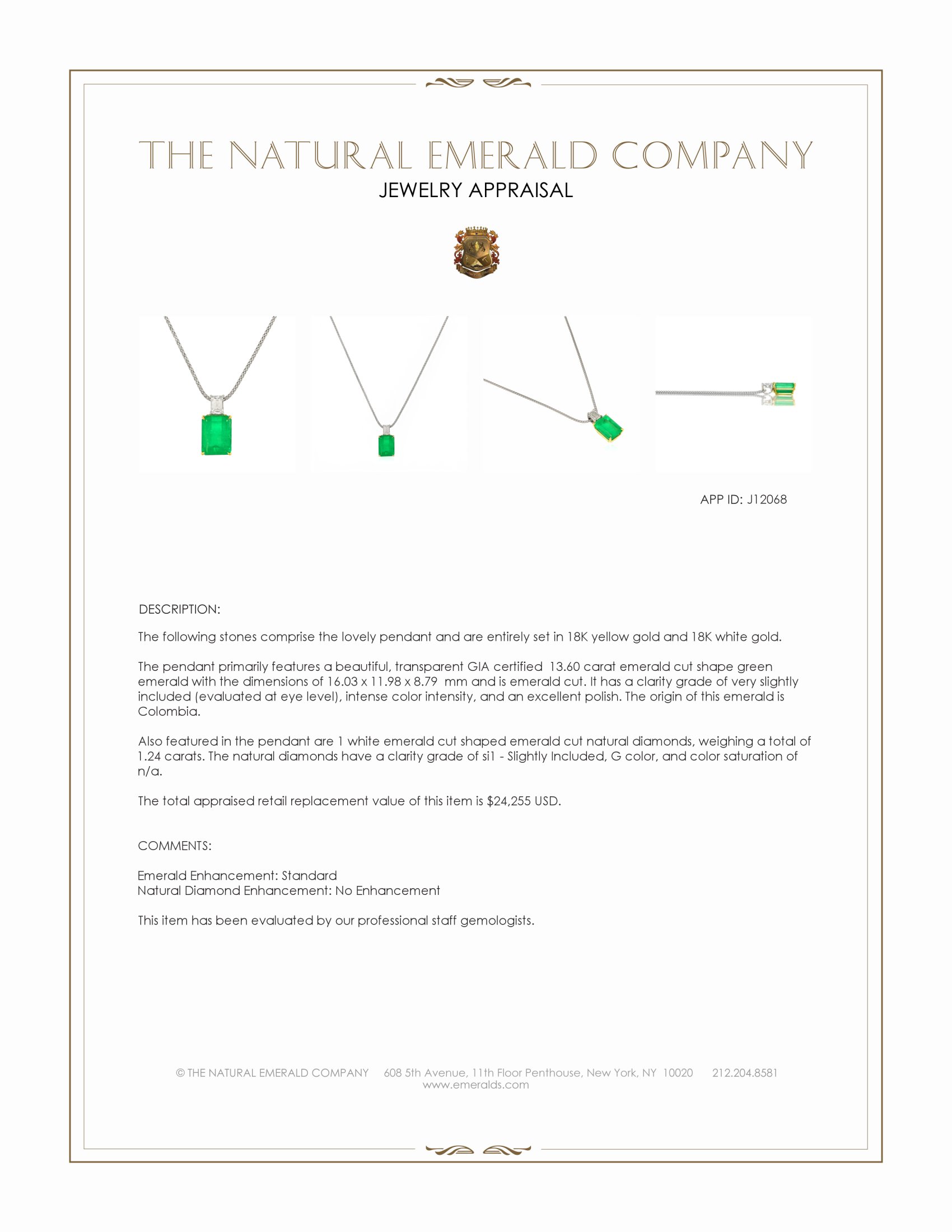 13.60 Ct. Emerald and Natural Diamond Accent Stones Pendant, 18K Yellow & White