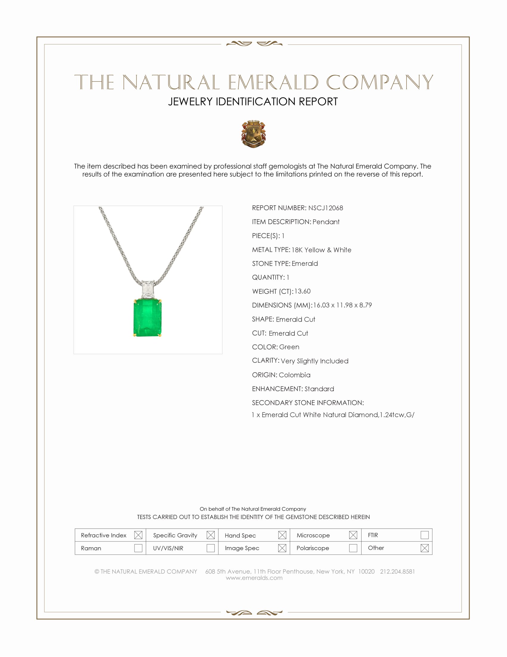 13.60 Ct. Emerald and Natural Diamond Accent Stones Pendant, 18K Yellow & White