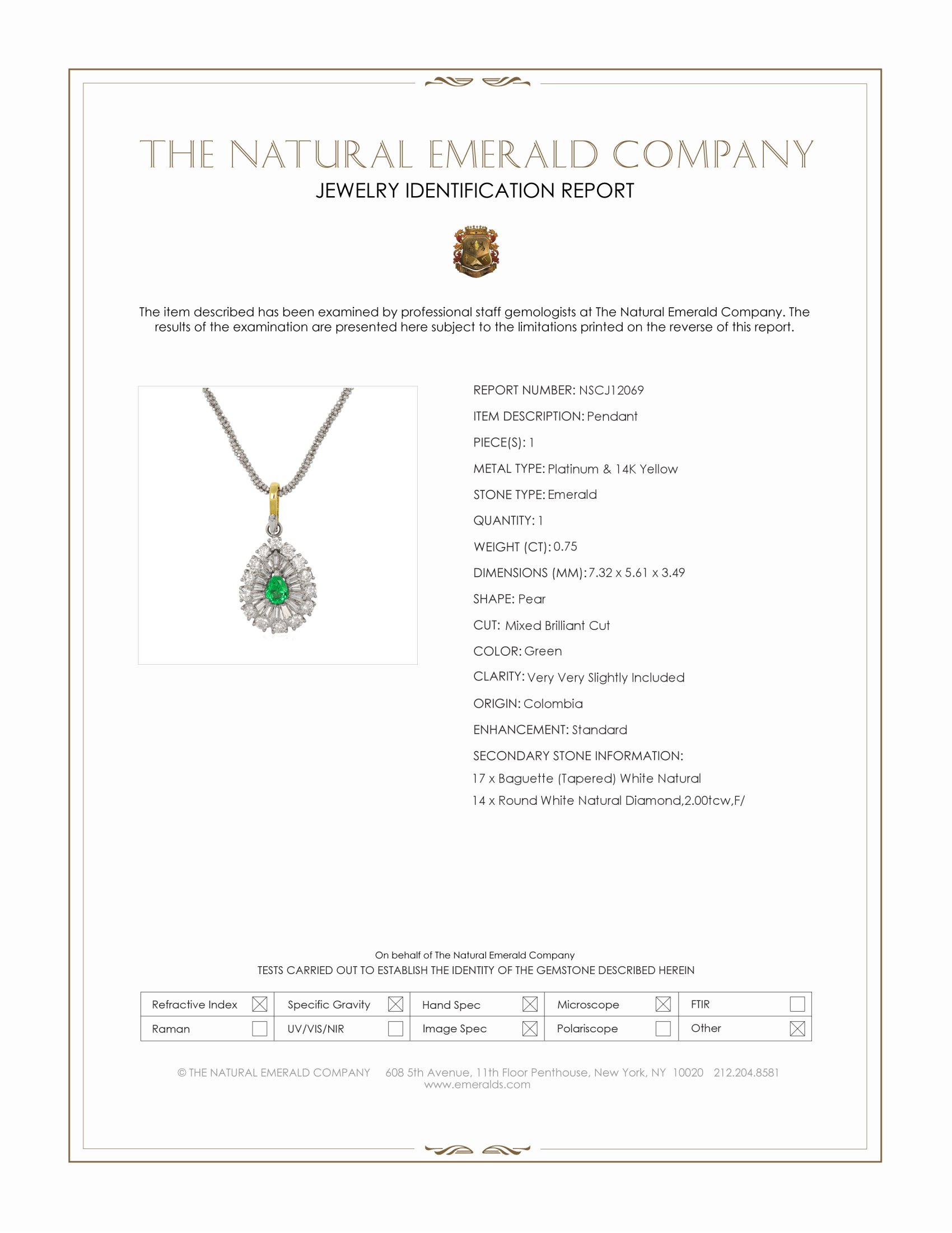0.75 Ct. Emerald and Natural Diamond Pave Pendant, Platinum & 14K Yellow