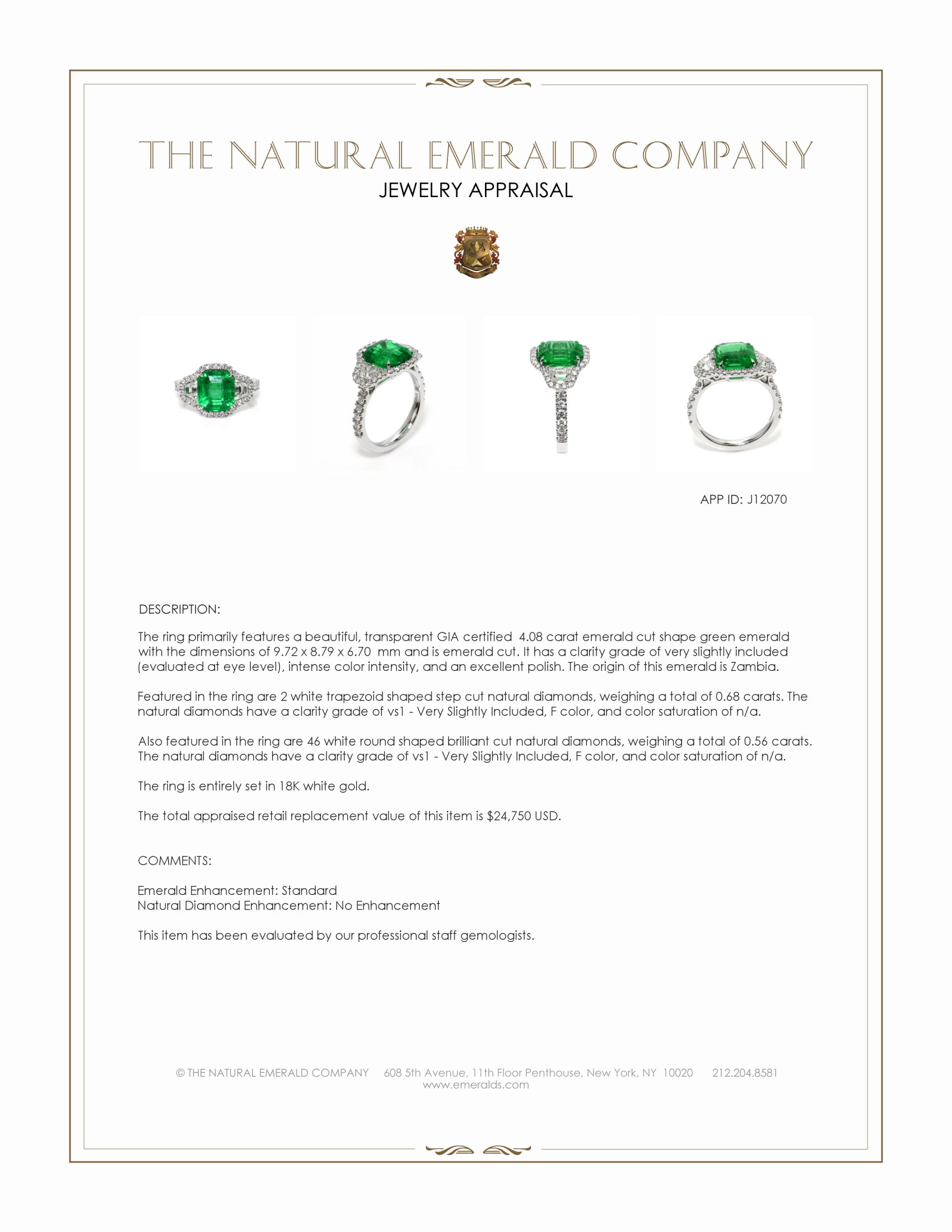 4.08 Ct. Emerald and Natural Diamond Pave Ring, 18K White Gold