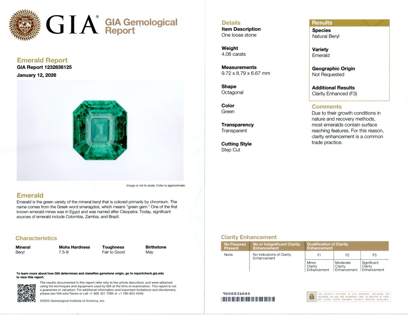 4.08 Ct. Emerald and Natural Diamond Pave Ring, 18K White Gold