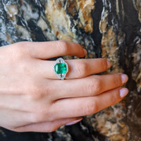 4.08 Ct. Emerald and Natural Diamond Pave Ring, 18K White Gold Life Style