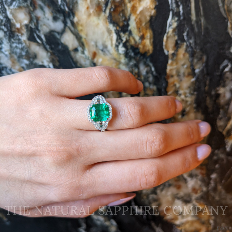 4.08 Ct. Emerald and Natural Diamond Pave Ring, 18K White Gold