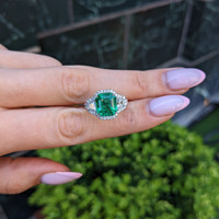 4.08 Ct. Emerald and Natural Diamond Pave Ring, 18K White Gold Life Style