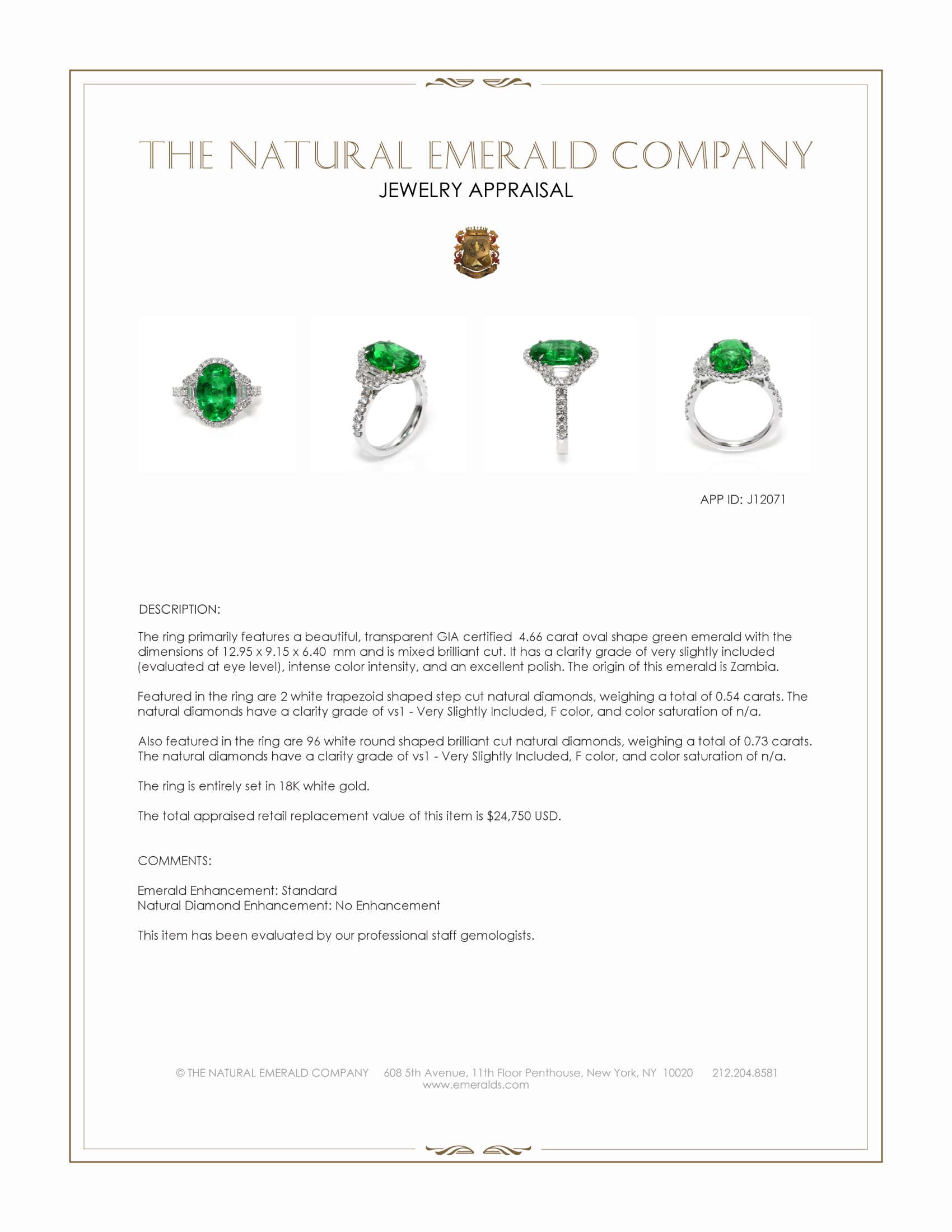 4.66 Ct. Emerald and Natural Diamond Pave Ring, 18K White Gold