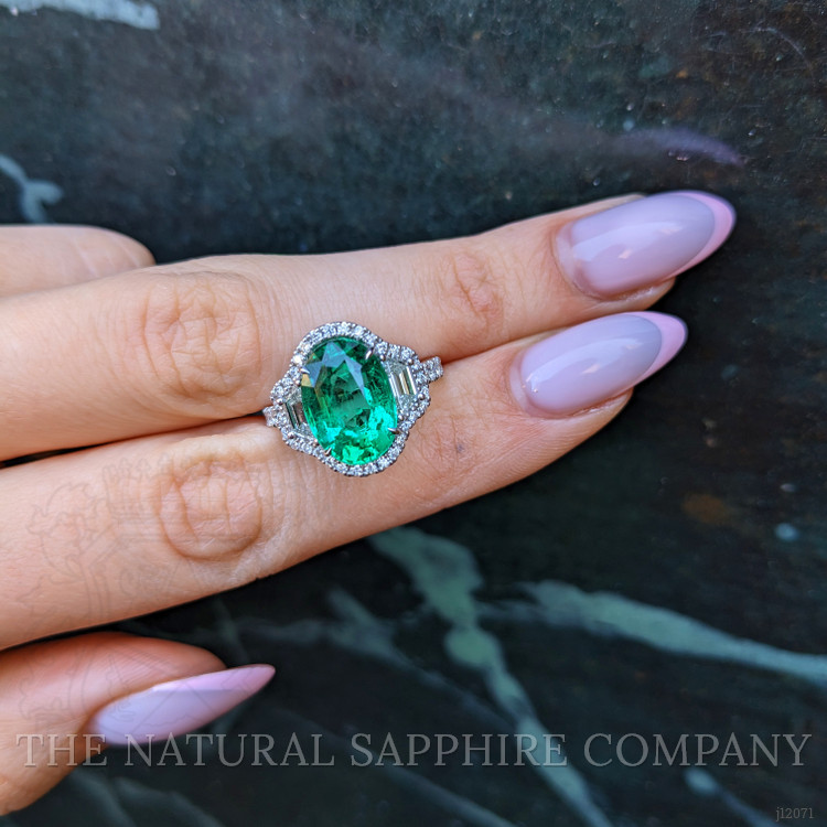 4.66 Ct. Emerald and Natural Diamond Pave Ring, 18K White Gold