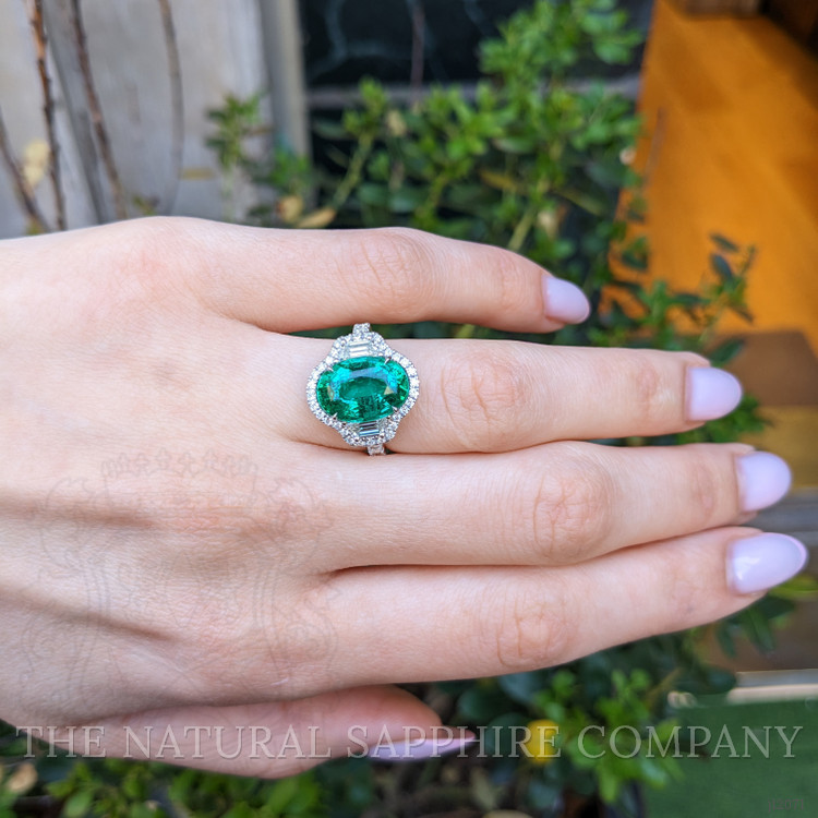 4.66 Ct. Emerald and Natural Diamond Pave Ring, 18K White Gold