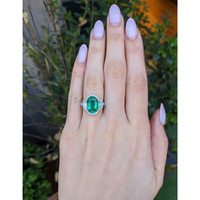 4.66 Ct. Emerald and Natural Diamond Pave Ring, 18K White Gold Life Style
