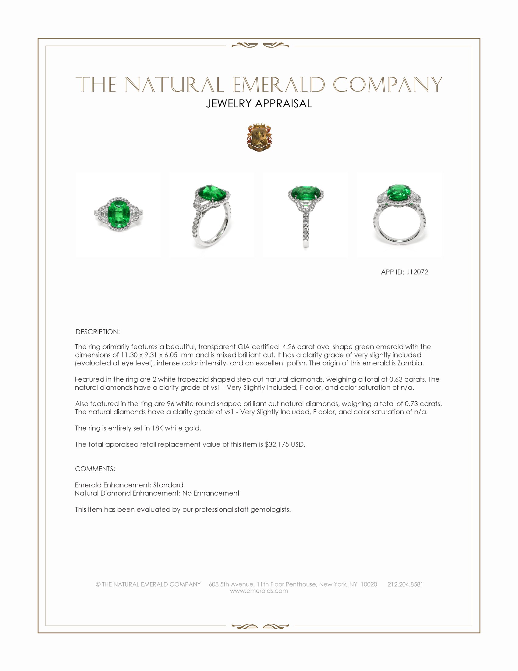 4.26 Ct. Emerald and Natural Diamond Pave Ring, 18K White Gold
