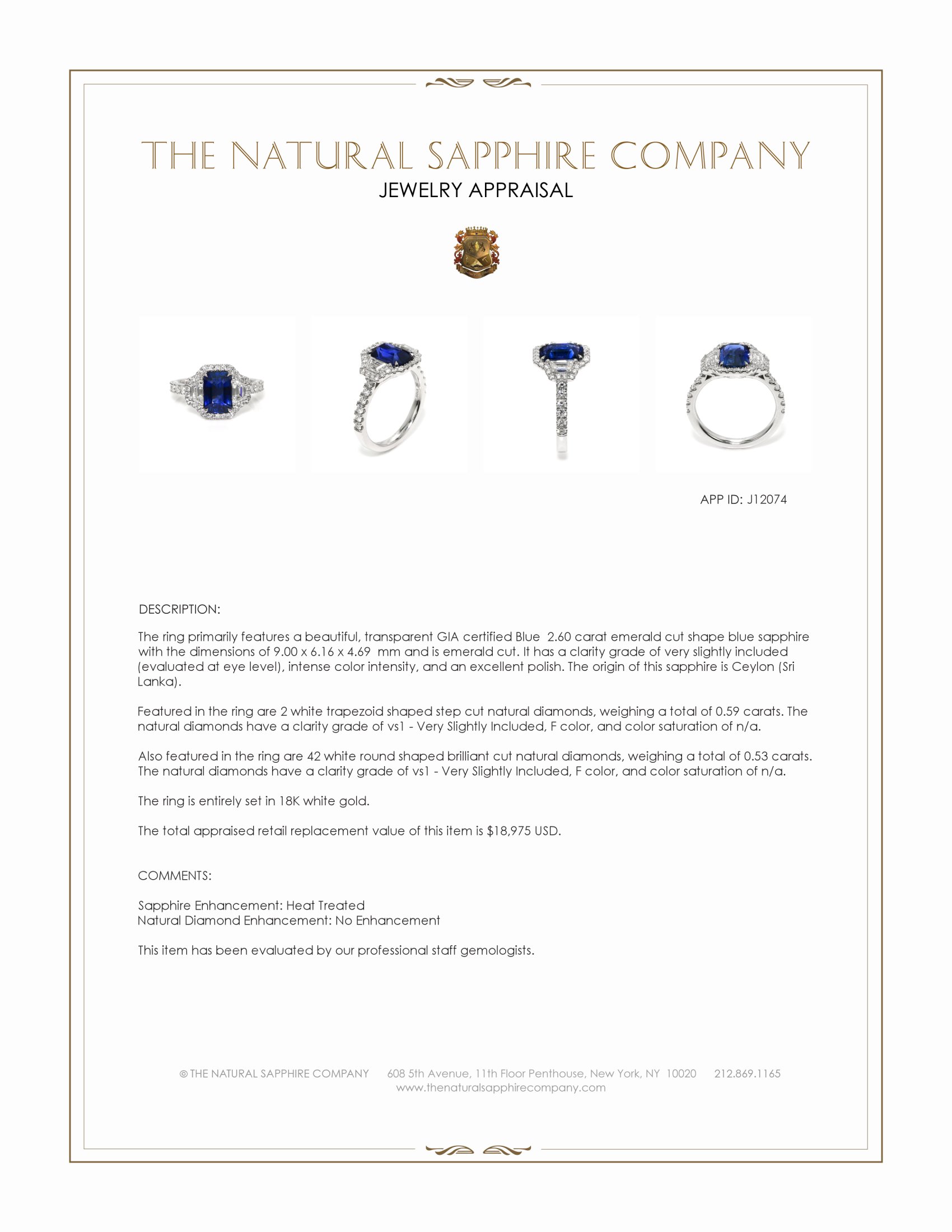 2.60 Ct. Blue Sapphire and Natural Diamond Pave Ring, 18K White Gold