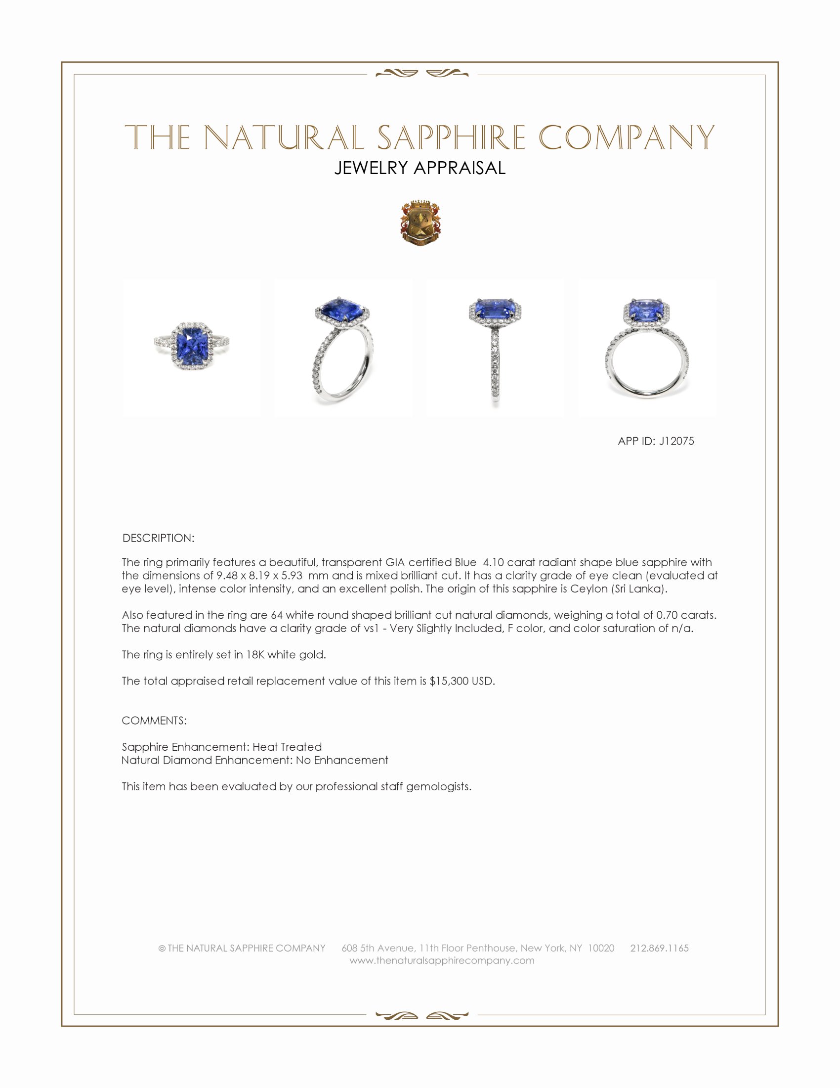 4.10 Ct. Blue Sapphire and Natural Diamond Pave Ring, 18K White Gold