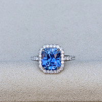 4.10 Ct. Blue Sapphire and Natural Diamond Pave Ring, 18K White Gold Life Style