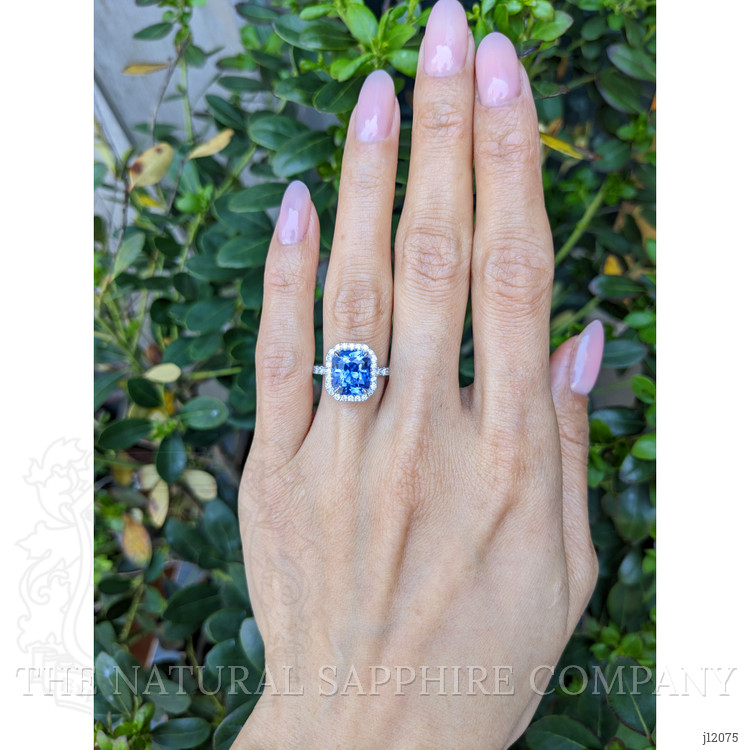 4.10 Ct. Blue Sapphire and Natural Diamond Pave Ring, 18K White Gold