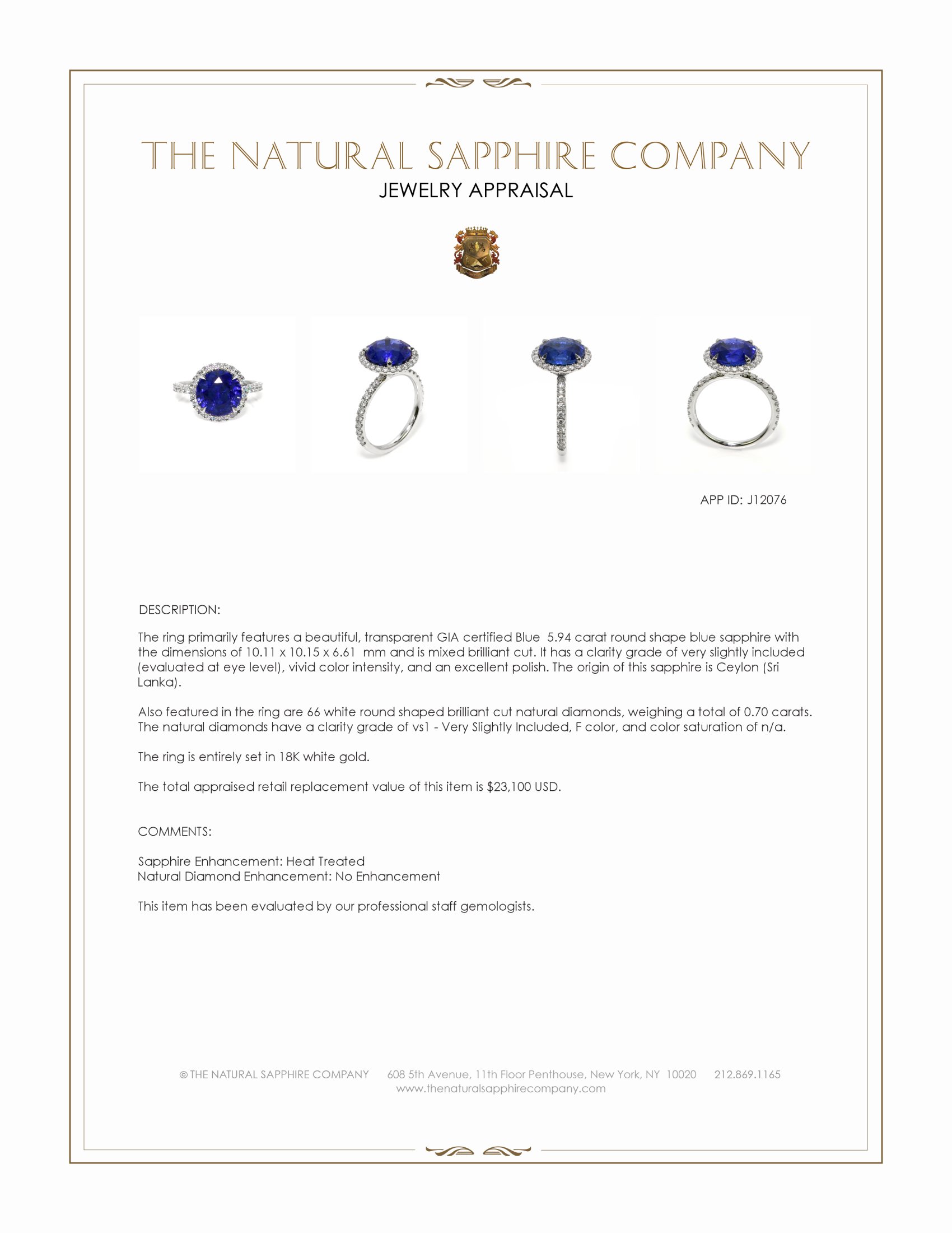 5.94 Ct. Blue Sapphire and Natural Diamond Pave Ring, 18K White Gold