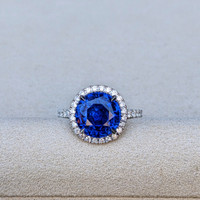 5.94 Ct. Blue Sapphire and Natural Diamond Pave Ring, 18K White Gold Life Style