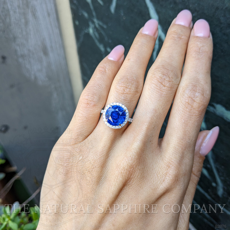 5.94 Ct. Blue Sapphire and Natural Diamond Pave Ring, 18K White Gold