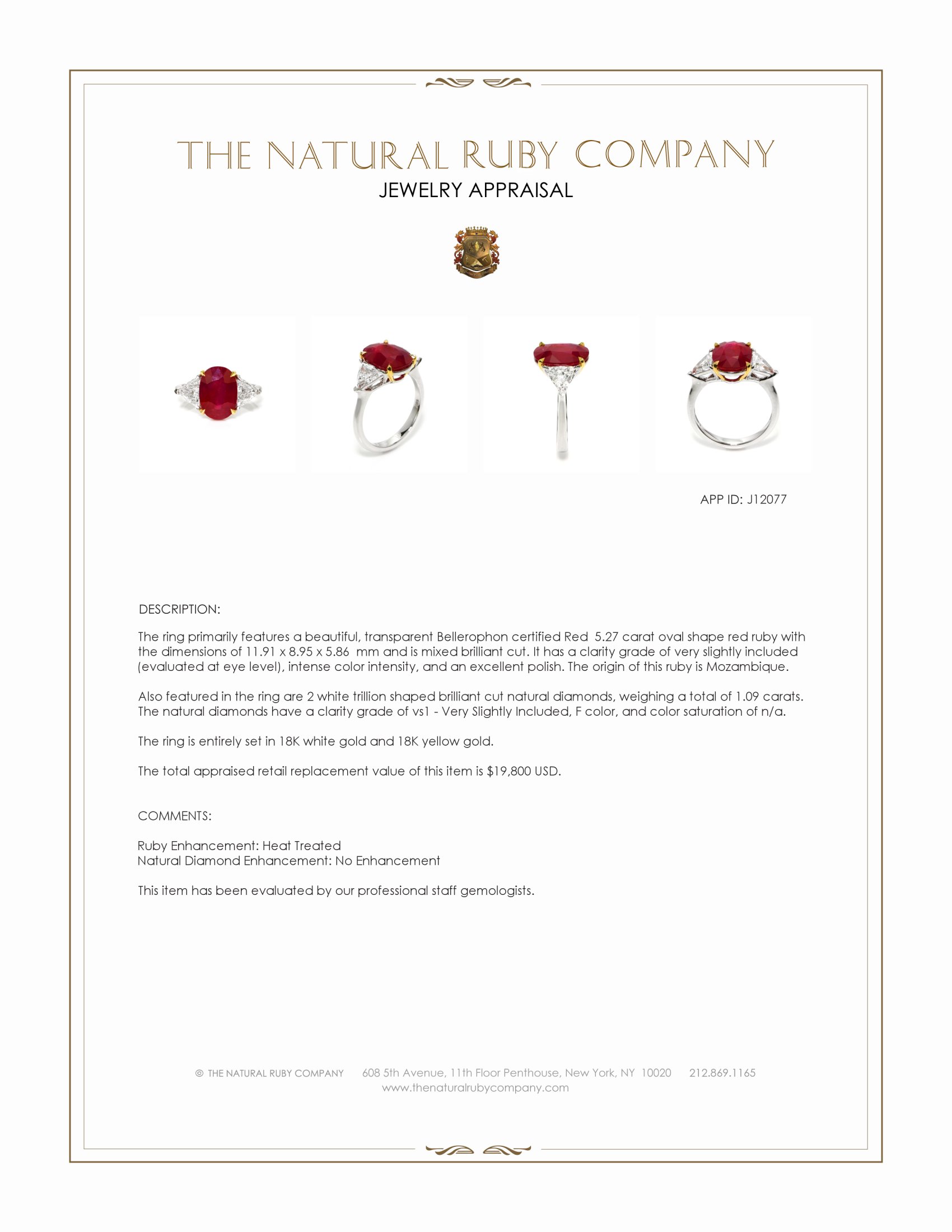 5.27 Ct. Ruby and Natural Diamond Three Stone Ring, 18K White & Yellow