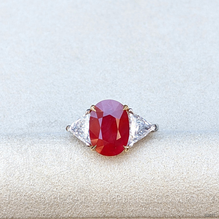 5.27 Ct. Ruby and Natural Diamond Three Stone Ring, 18K White & Yellow