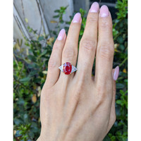 5.27 Ct. Ruby and Natural Diamond Three Stone Ring, 18K White & Yellow Life Style