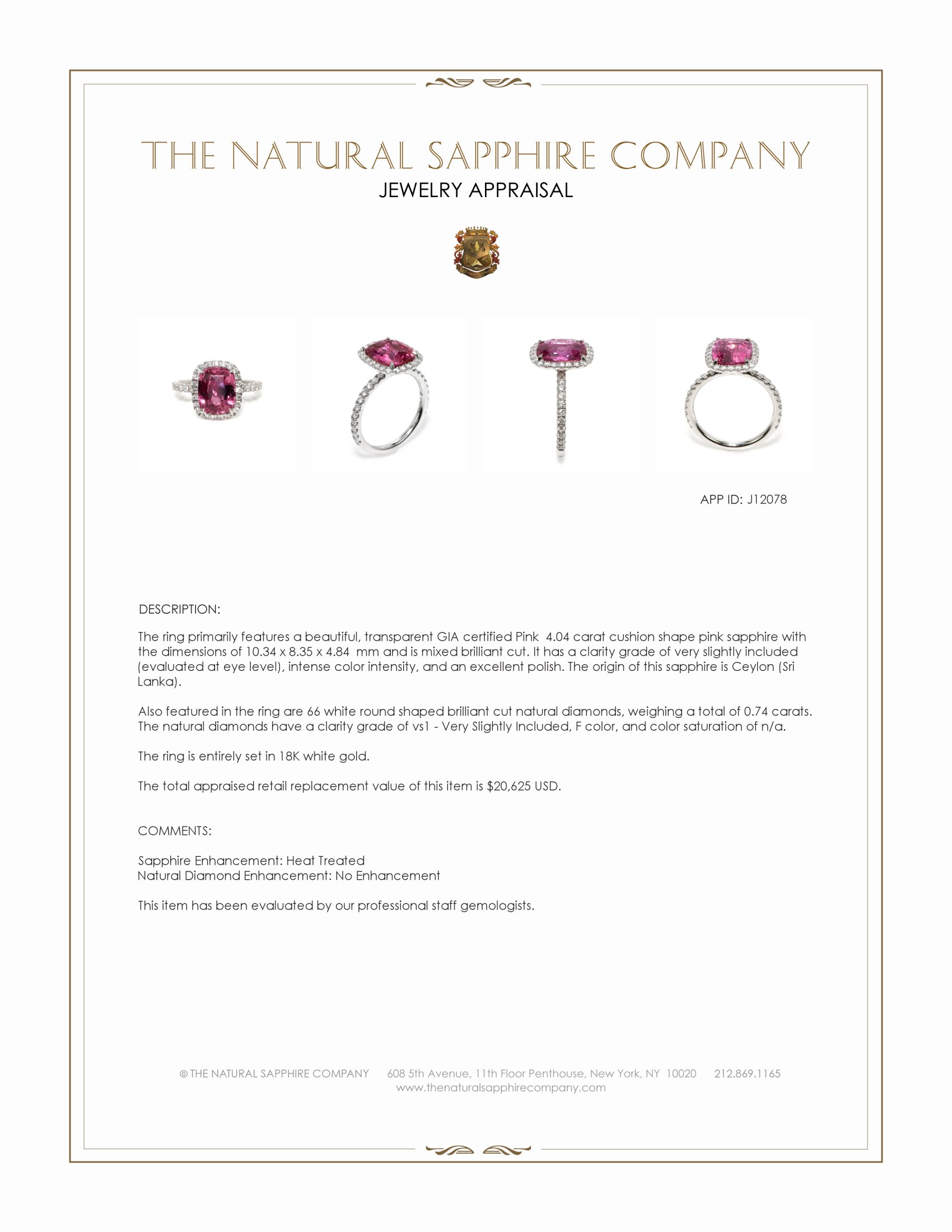 4.04 Ct. Pink Sapphire and Natural Diamond Pave Ring, 18K White Gold