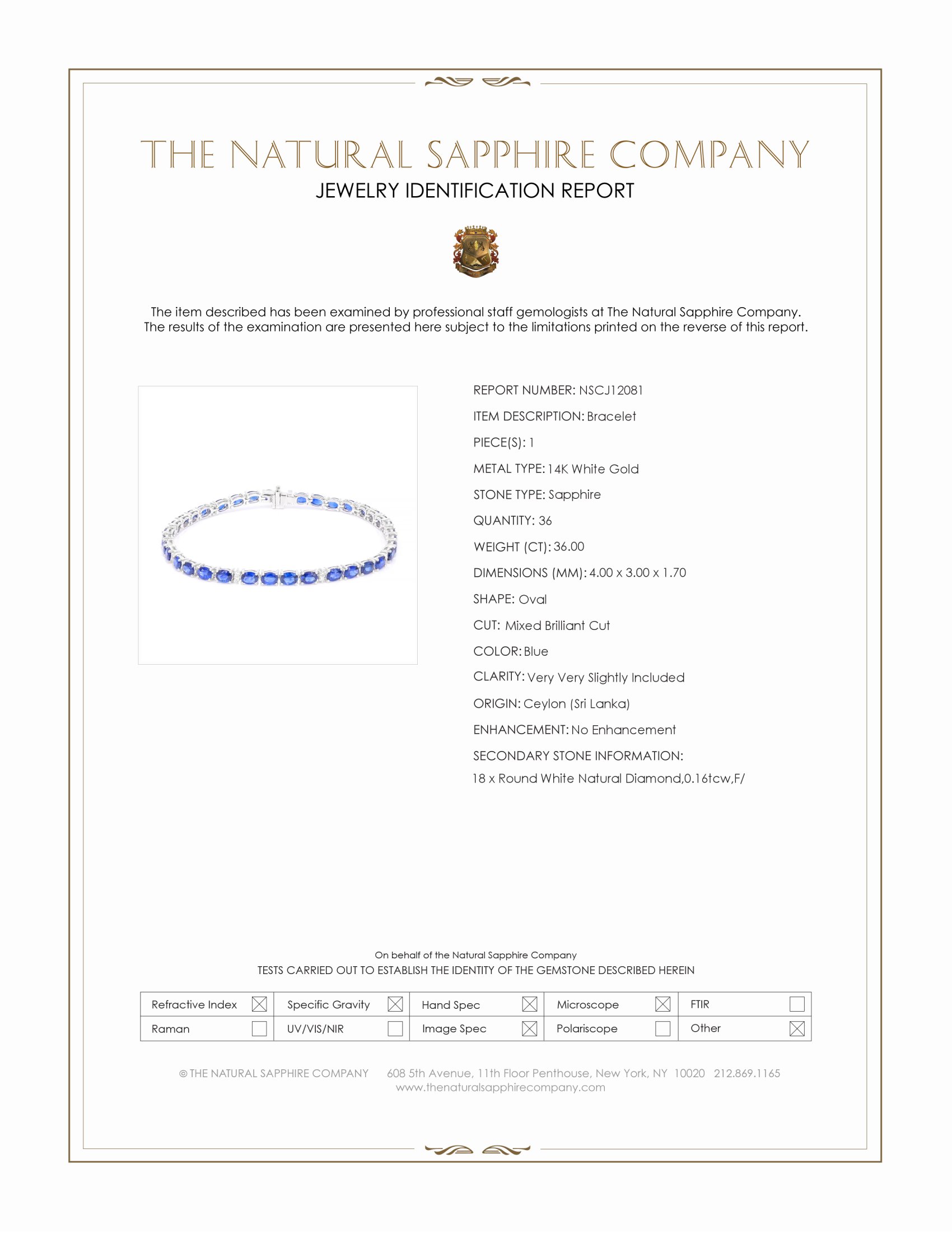 36.00 Ct.Tw. Blue Sapphire and Natural Diamond Tennis/Line Bracelet, 14K White Gold
