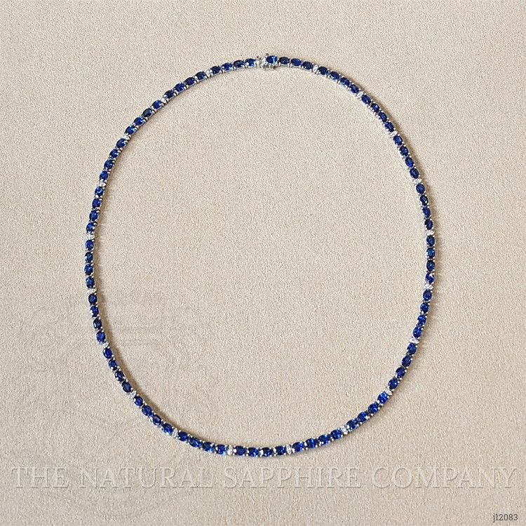 17.17 Ct. Blue Sapphire and Natural Diamond Tennis/Riviere Necklace, 14K White Gold