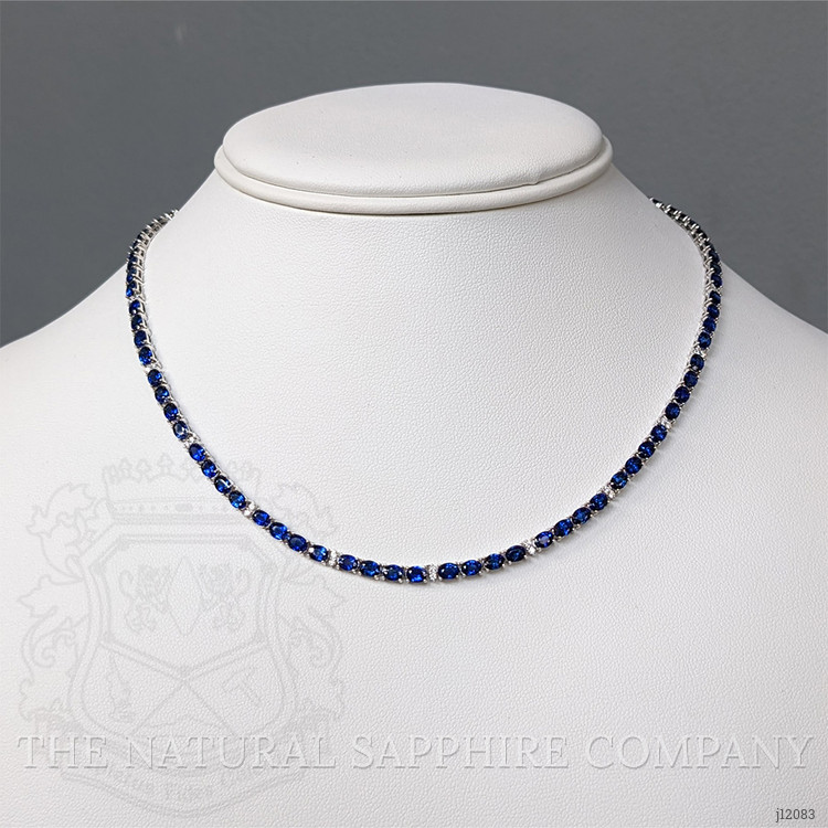 17.17 Ct. Blue Sapphire and Natural Diamond Tennis/Riviere Necklace, 14K White Gold