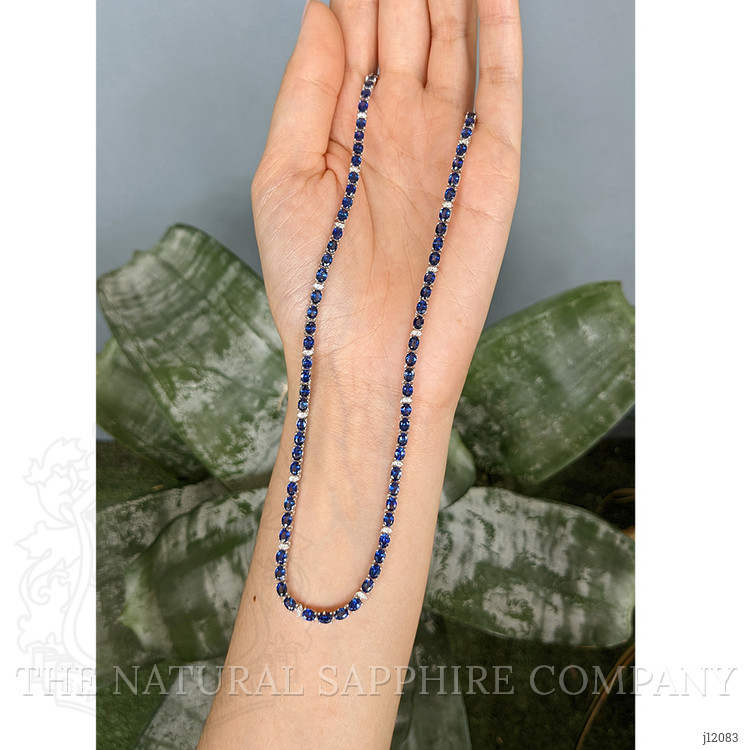 17.17 Ct. Blue Sapphire and Natural Diamond Tennis/Riviere Necklace, 14K White Gold