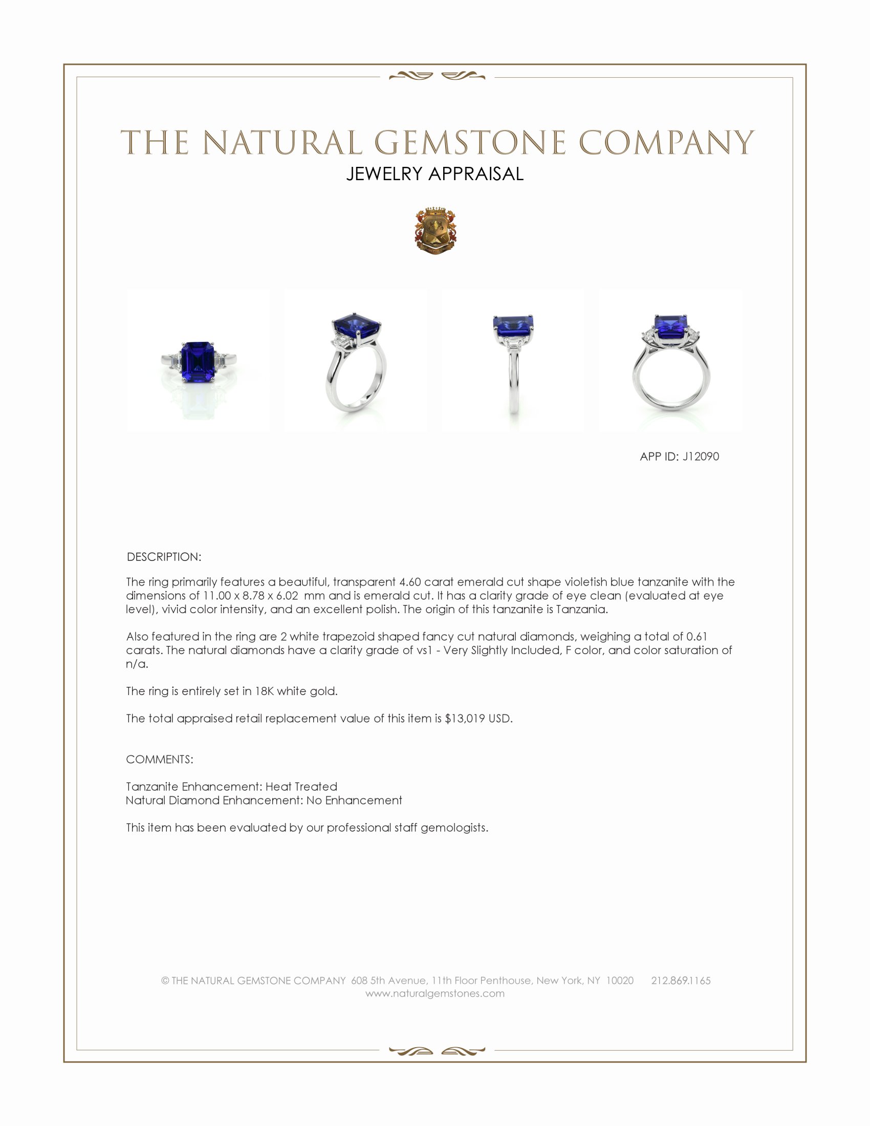 4.60 Ct. Violetish Blue Tanzanite and Natural Diamond Three Stone Ring, 18K White Gold