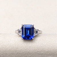 4.60 Ct. Violetish Blue Tanzanite and Natural Diamond Three Stone Ring, 18K White Gold Life Style
