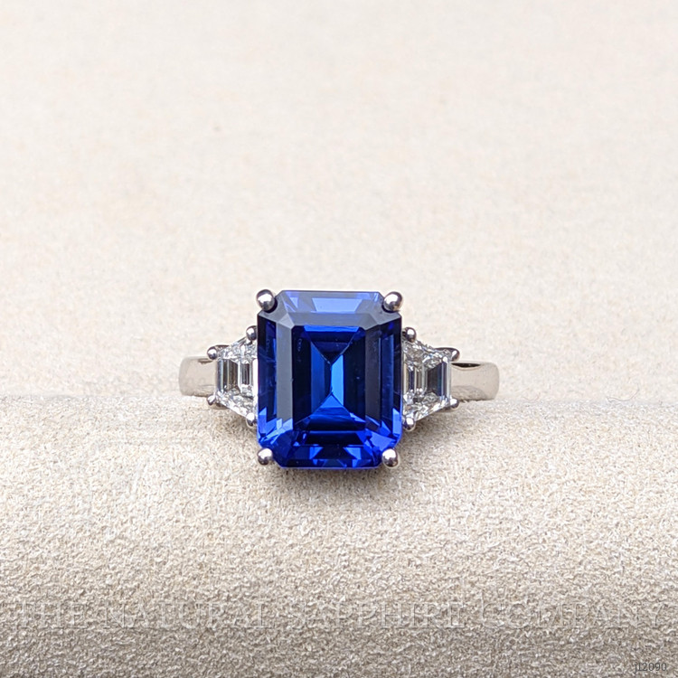 4.60 Ct. Violetish Blue Tanzanite and Natural Diamond Three Stone Ring, 18K White Gold