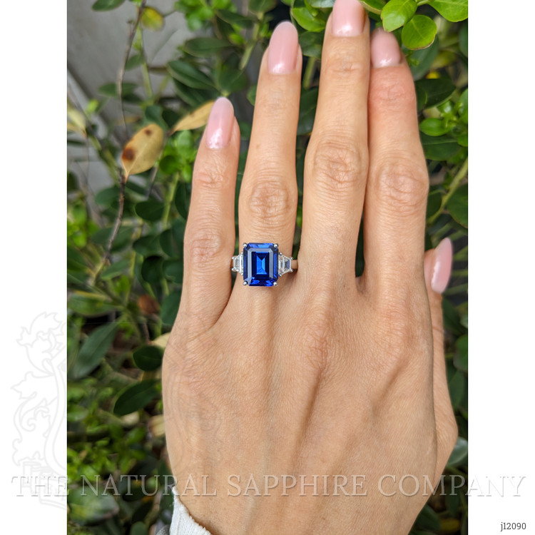4.60 Ct. Violetish Blue Tanzanite and Natural Diamond Three Stone Ring, 18K White Gold