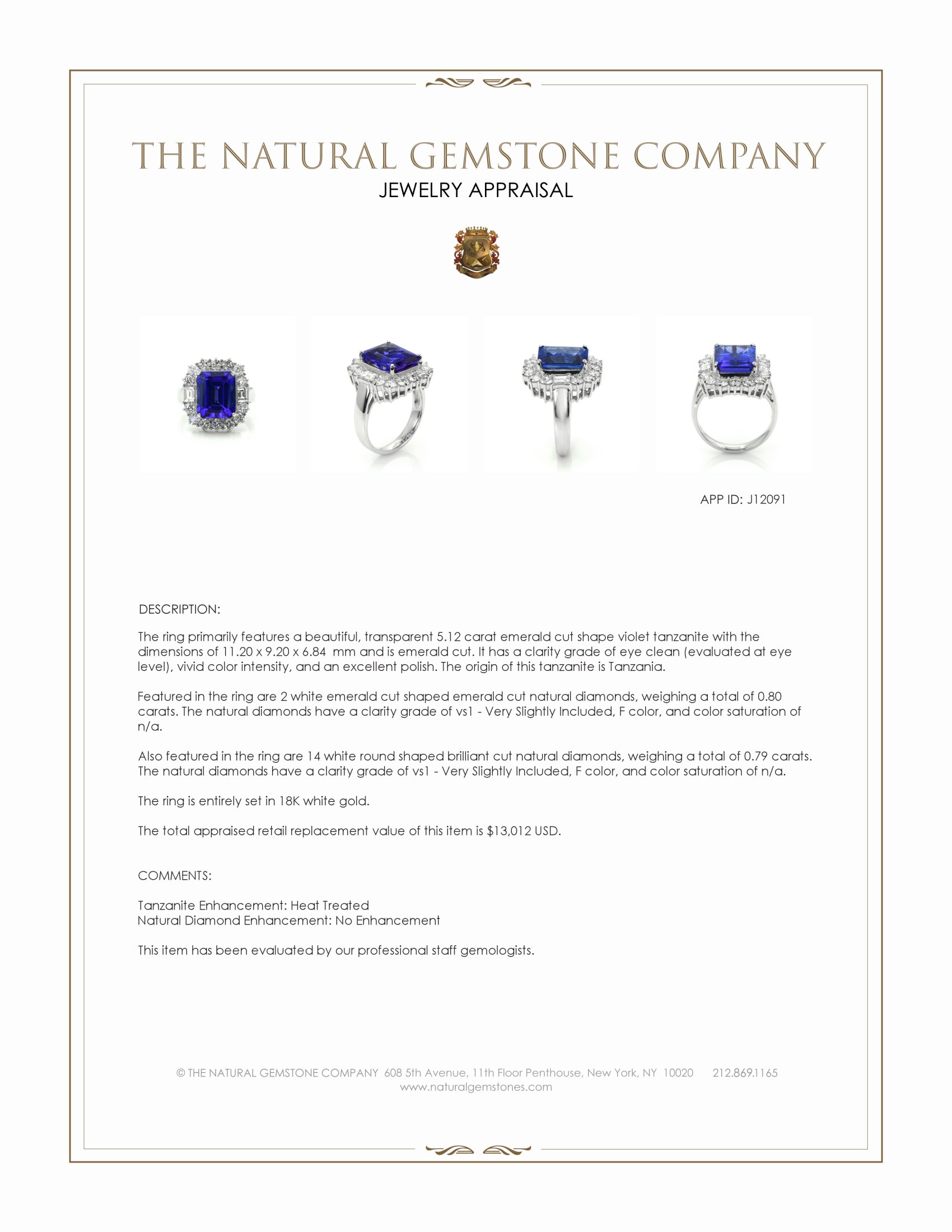 5.12 Ct. Violet Tanzanite and Natural Diamond Pave Ring, 18K White Gold