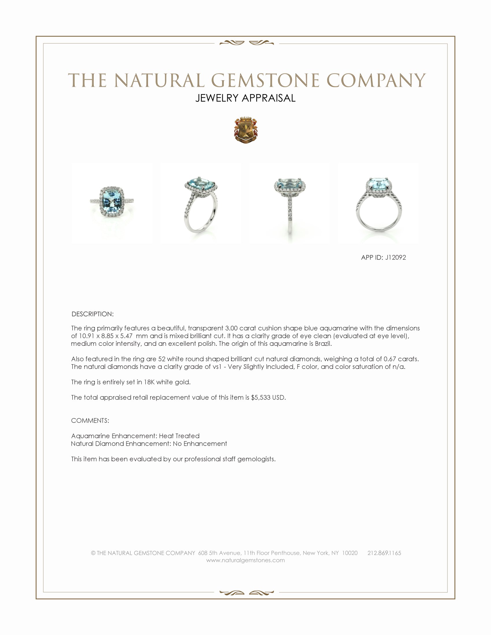 3.00 Ct. Blue Aquamarine and Natural Diamond Pave Ring, 18K White Gold