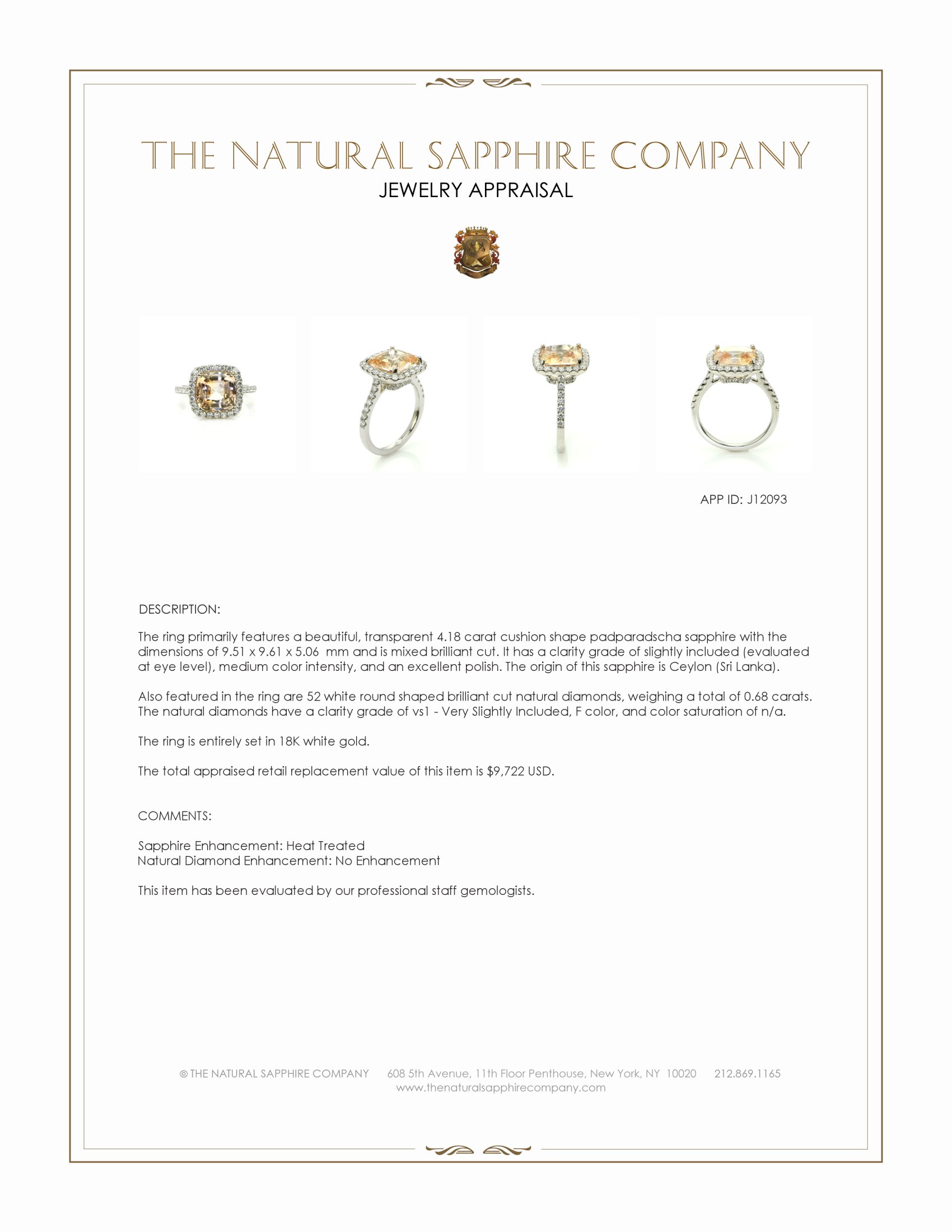4.18 Ct. Padparadscha Sapphire and Natural Diamond Pave Ring, 18K White Gold