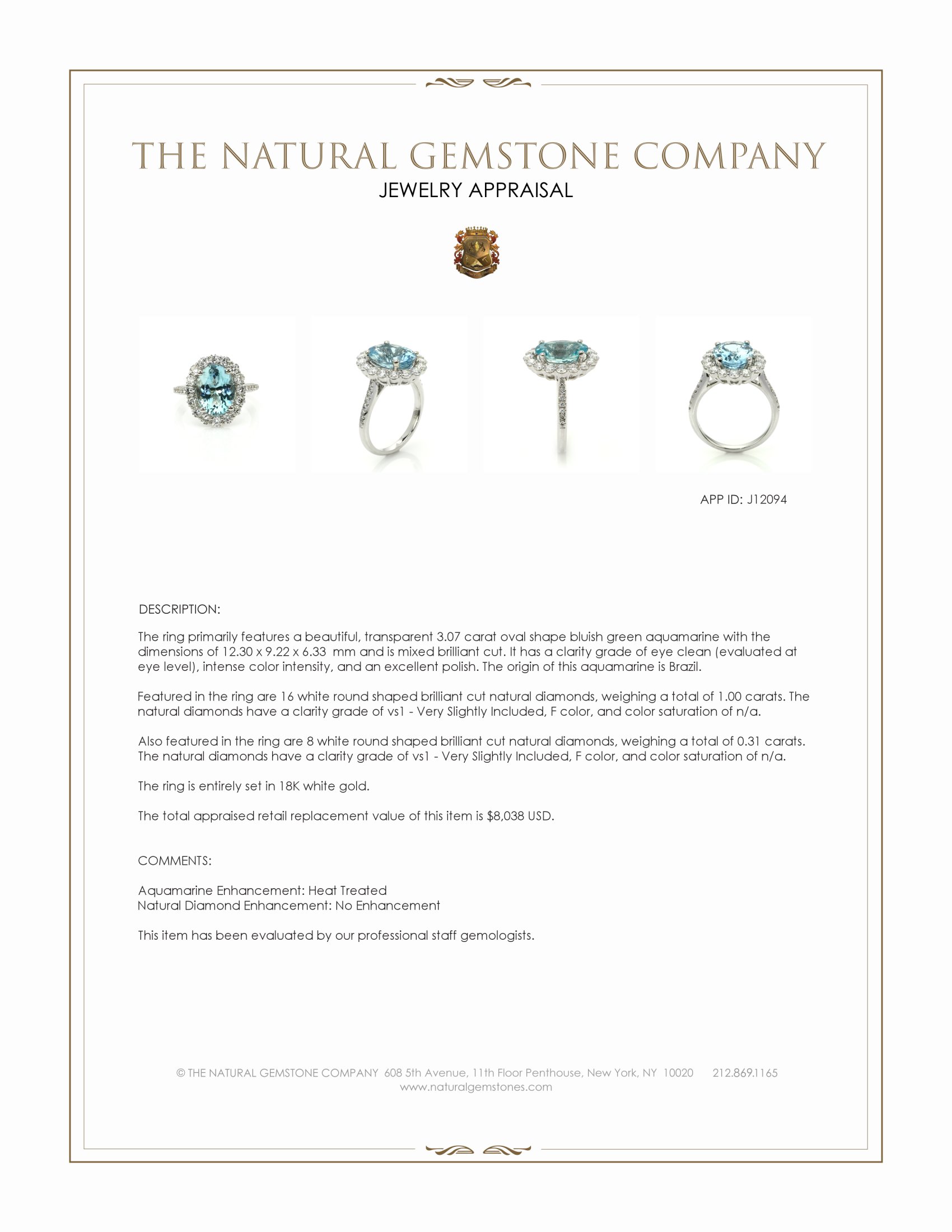 3.07 Ct. Bluish Green Aquamarine and Natural Diamond Pave Ring, 18K White Gold