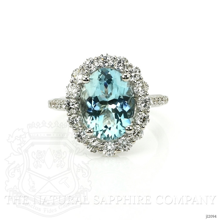 3.07 Ct. Bluish Green Aquamarine and Natural Diamond Pave Ring, 18K White Gold