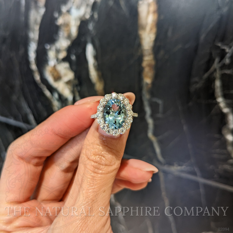 3.07 Ct. Bluish Green Aquamarine and Natural Diamond Pave Ring, 18K White Gold