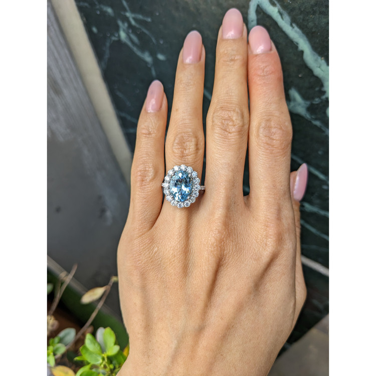 3.07 Ct. Bluish Green Aquamarine and Natural Diamond Pave Ring, 18K White Gold