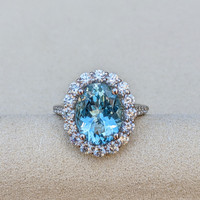 3.07 Ct. Bluish Green Aquamarine and Natural Diamond Pave Ring, 18K White Gold Life Style