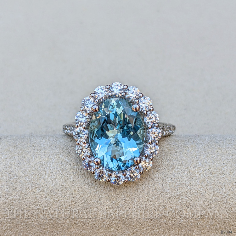 3.07 Ct. Bluish Green Aquamarine and Natural Diamond Pave Ring, 18K White Gold