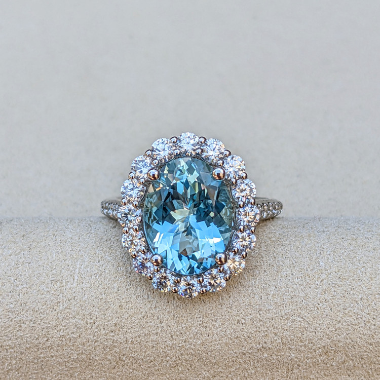 3.07 Ct. Bluish Green Aquamarine and Natural Diamond Pave Ring, 18K White Gold
