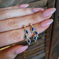 1.60&nbsp;Ct.Tw.Total Carat Weight Blue Sapphire and Natural Diamond Halo Earrings, 14K Yellow Gold Life Style