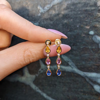 1.45&nbsp;Ct.Tw.Total Carat Weight Multi Color Sapphire and Natural Diamond Bezel Earrings, 14K Yellow Gold Life Style