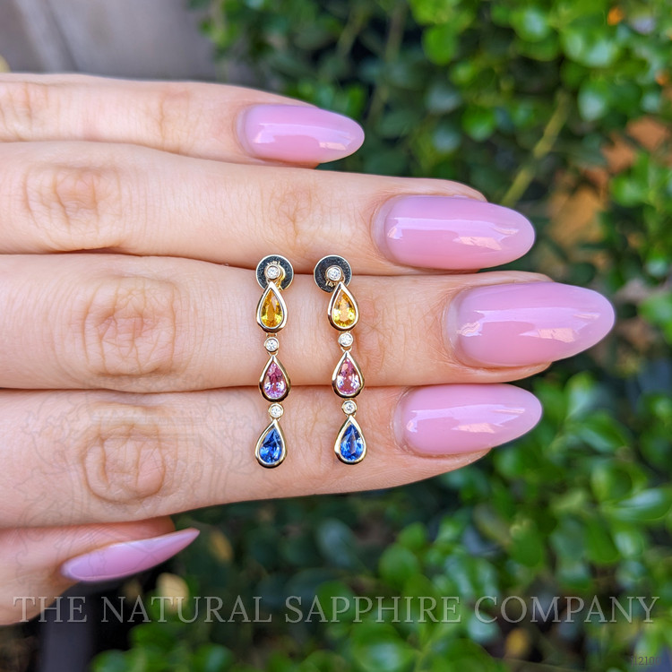 1.45 Ct.Tw. Multi Color Sapphire and Natural Diamond Bezel Earrings, 14K Yellow Gold