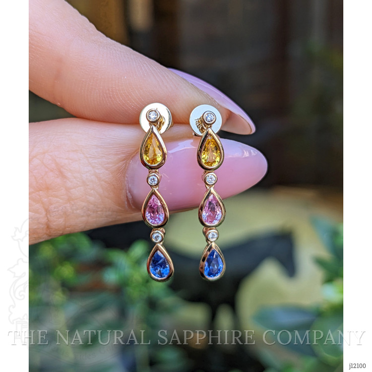 1.45 Ct.Tw. Multi Color Sapphire and Natural Diamond Bezel Earrings, 14K Yellow Gold